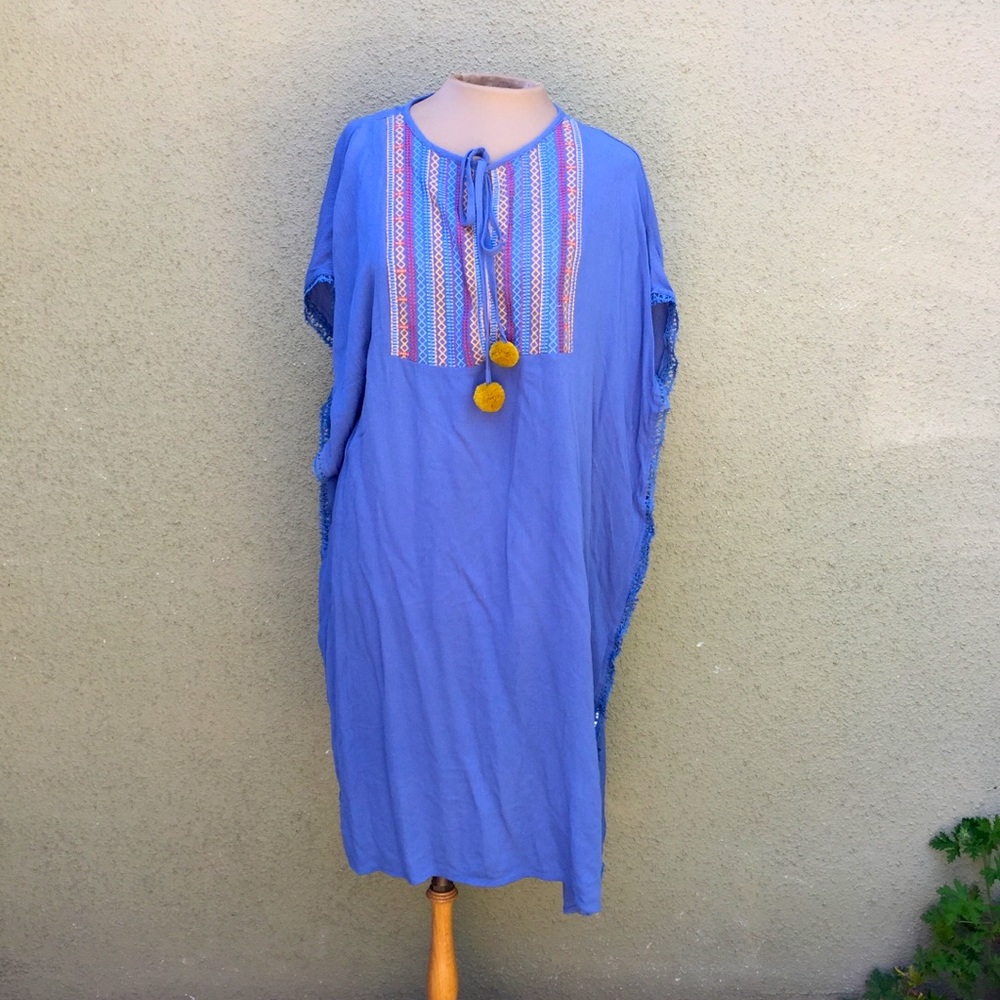 Blue Tunic with Embroidery and Pom Poms